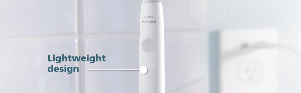 Shows white power toothbrush handle and describes benefits of the handle.