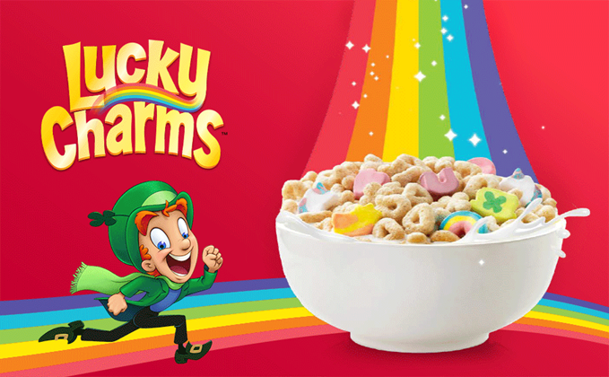 Leprechaun Lucky running next to a bowl filled with Lucky Charms cereal.