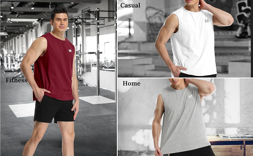 Mens casual classic tops with sleeveless design, solid colors, split in hem