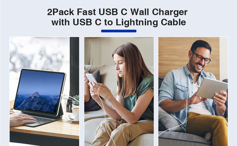 2Pack Fast USB C Wall Charger with USB C to Lightning Cable